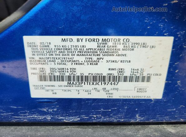 MAJ3P1TEXJC197447 2018 FORD ECOSPORT Blue VIN კოდის სტიკერის ხედი