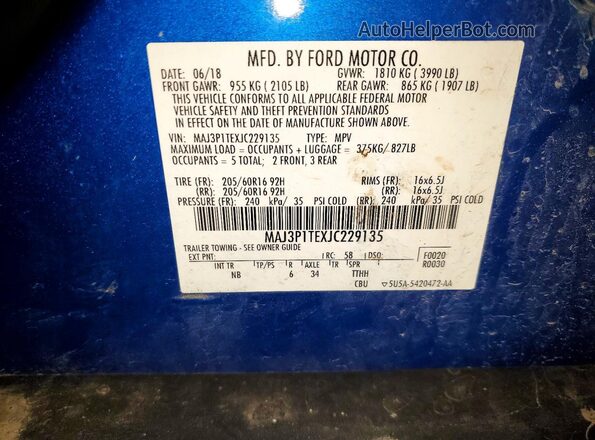 MAJ3P1TEXJC229135 2018 FORD ECOSPORT Blue Vista de la etiqueta del VIN
