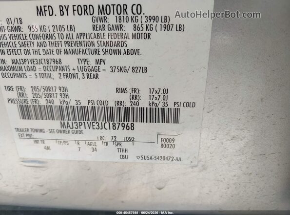 MAJ3P1VE3JC187968 2018 FORD ECOSPORT Серебряный Вид подкапотного пространства