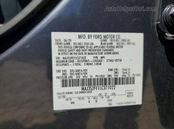 MAJ3S2FE1LC371022 2020 FORD ECOSPORT Charcoal 