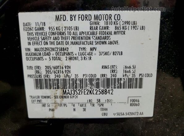 MAJ3S2FE2KC258842 2019 FORD ECOSPORT Black 
