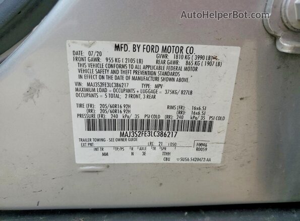 MAJ3S2FE3LC386217 2020 FORD ECOSPORT Silver VIN կոդի պիտակի տեսք