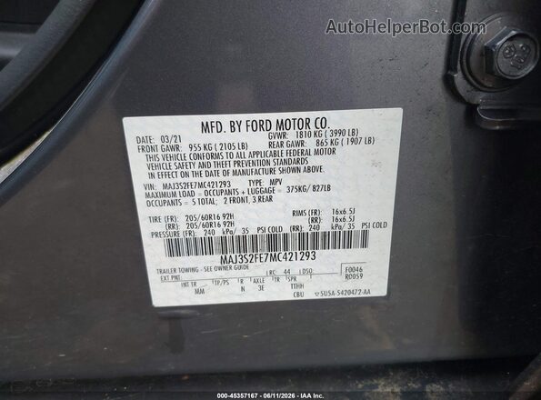 MAJ3S2FE7MC421293 2021 FORD ECOSPORT Gray Widok komory silnika