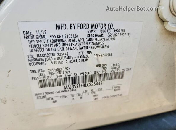 MAJ3S2FE8LC335442 2020 FORD ECOSPORT White VIN sticker view