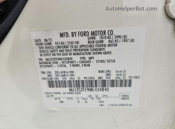 MAJ3S2FE9MC434840 2021 FORD ECOSPORT White Widok komory silnika