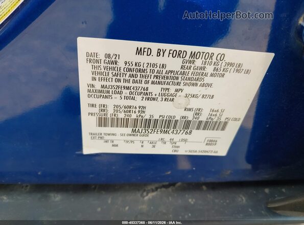 MAJ3S2FE9MC437768 2021 FORD ECOSPORT Blue ძრავის განყოფილების ხედი