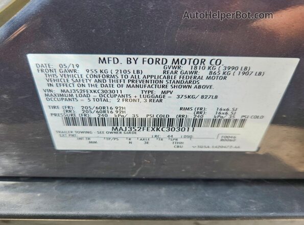 MAJ3S2FEXKC303011 2019 FORD ECOSPORT Gray Вид наклейки з VIN-кодом