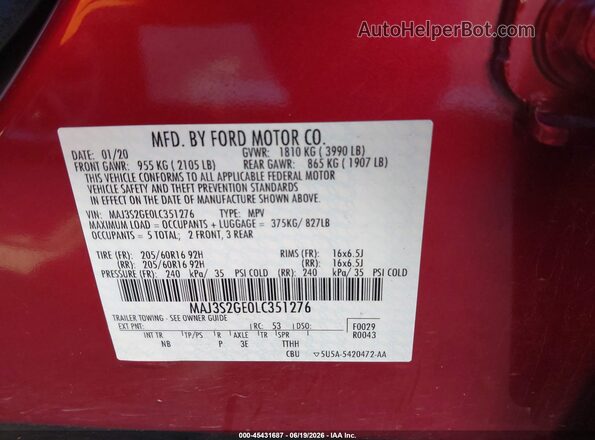 MAJ3S2GE0LC351276 2020 FORD ECOSPORT Red Vista del compartimento del motor