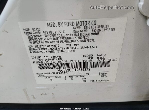 MAJ3S2GE1LC359872 2020 FORD ECOSPORT Белый Вид подкапотного пространства