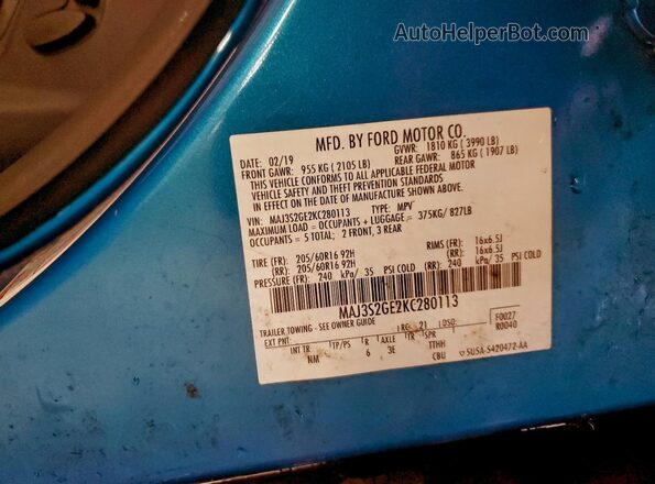 MAJ3S2GE2KC280113 2019 FORD ECOSPORT Blue 