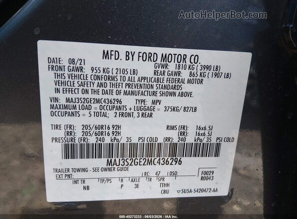 MAJ3S2GE2MC436296 2021 FORD ECOSPORT Gray Widok komory silnika