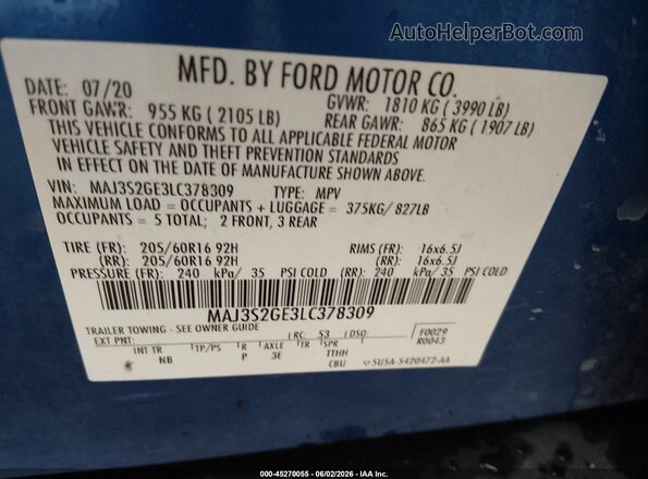 MAJ3S2GE3LC378309 2020 FORD ECOSPORT Blue Vista del compartimento del motor