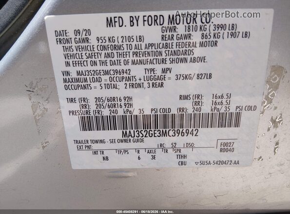 MAJ3S2GE3MC396942 2021 FORD ECOSPORT Silver Շարժիչի բաժամունքի տեսք