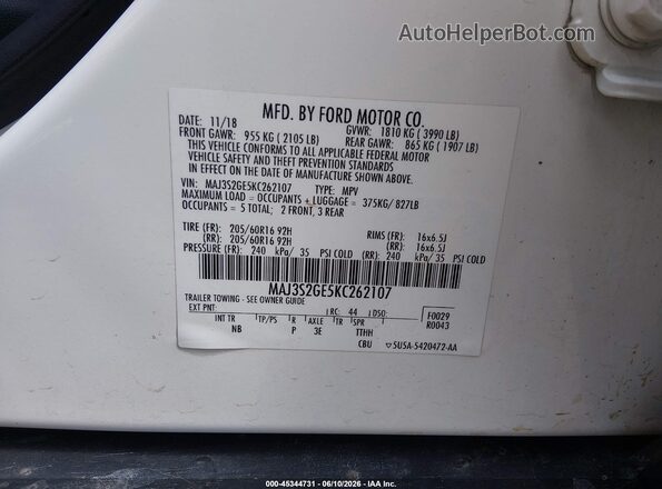 MAJ3S2GE5KC262107 2019 FORD ECOSPORT Белый Вид подкапотного пространства