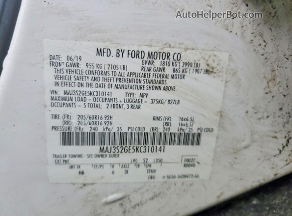 MAJ3S2GE5KC310141 2019 FORD ECOSPORT White ძრავის განყოფილების ხედი