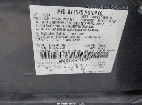 MAJ3S2GE5LC331282 2020 FORD ECOSPORT Gray Вид підкапотного простору