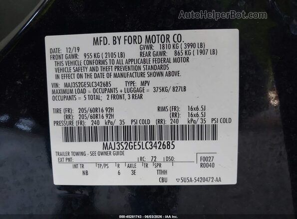 MAJ3S2GE5LC342685 2020 FORD ECOSPORT Black ძრავის განყოფილების ხედი