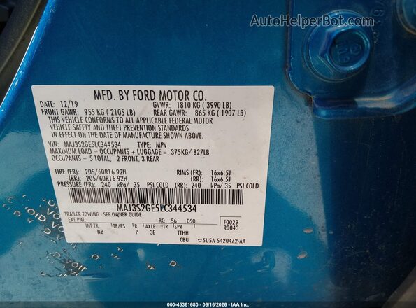 MAJ3S2GE5LC344534 2020 FORD ECOSPORT Blue Vista del compartimento del motor