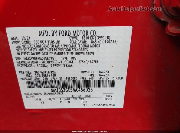 MAJ3S2GE5MC456025 2021 FORD ECOSPORT Красный Вид подкапотного пространства