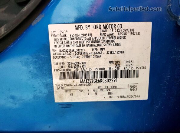 MAJ3S2GE6KC302291 2019 FORD ECOSPORT Blue VIN կոդի պիտակի տեսք