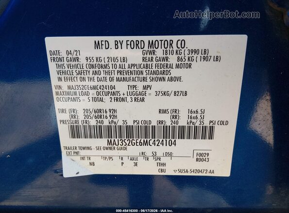 MAJ3S2GE6MC424104 2021 FORD ECOSPORT Синий Вид подкапотного пространства