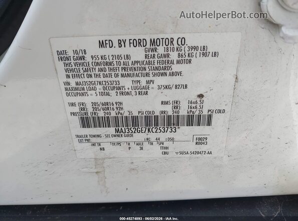 MAJ3S2GE7KC253733 2019 FORD ECOSPORT White 
