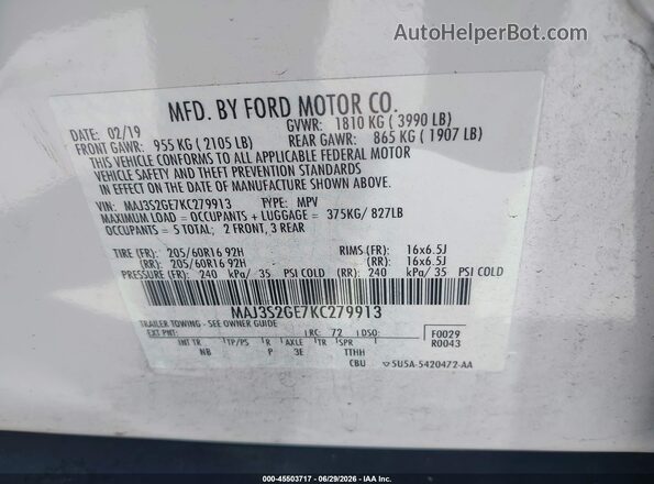 MAJ3S2GE7KC279913 2019 FORD ECOSPORT White Widok komory silnika