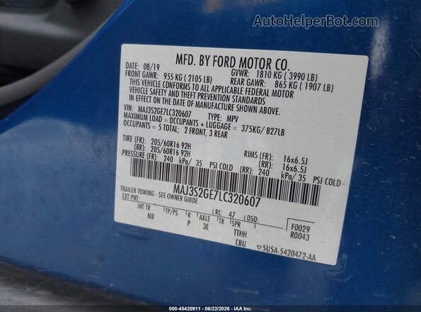 MAJ3S2GE7LC320607 2020 FORD ECOSPORT Blue Вид підкапотного простору