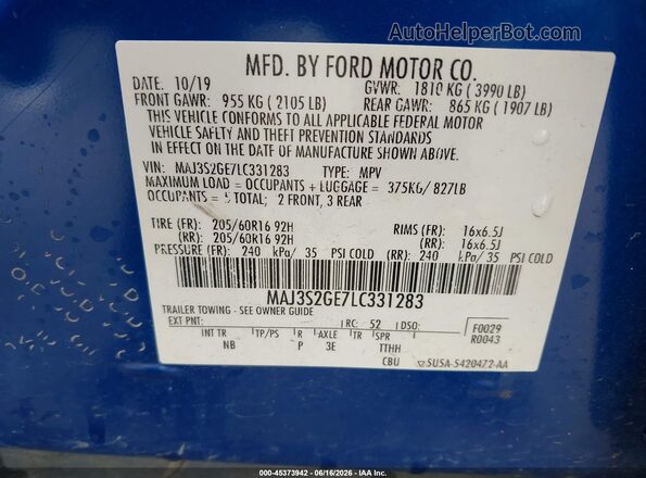 MAJ3S2GE7LC331283 2020 FORD ECOSPORT Blue 
