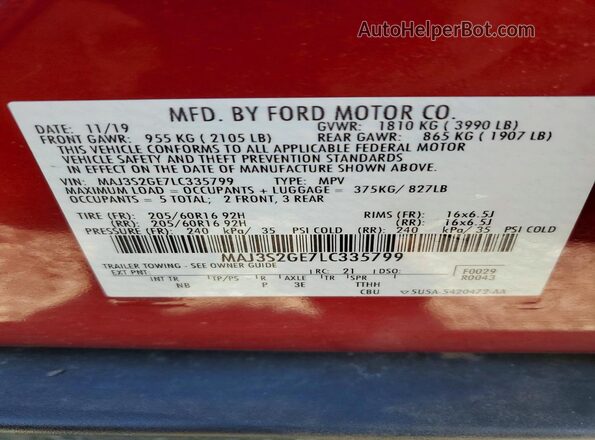 MAJ3S2GE7LC335799 2020 FORD ECOSPORT Red VIN կոդի պիտակի տեսք