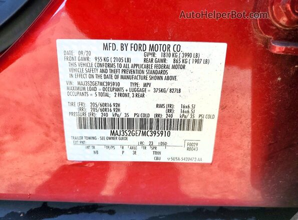 MAJ3S2GE7MC395910 2021 FORD ECOSPORT Red Вид наклейки з VIN-кодом