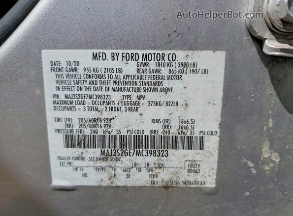 MAJ3S2GE7MC398323 2021 FORD ECOSPORT Silver Widok naklejki z numerem VIN