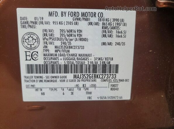 MAJ3S2GE8KC273733 2019 FORD ECOSPORT Оранжевый Вид наклейки с VIN-кодом