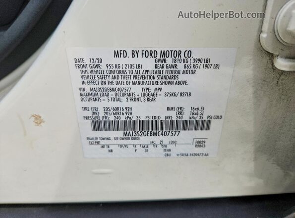 MAJ3S2GE8MC407577 2021 FORD ECOSPORT Белый Вид наклейки с VIN-кодом