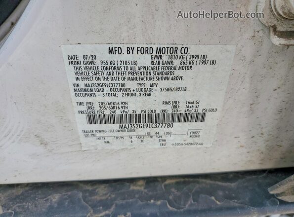 MAJ3S2GE9LC377780 2020 FORD ECOSPORT Белый Панорамный вид салона 360°