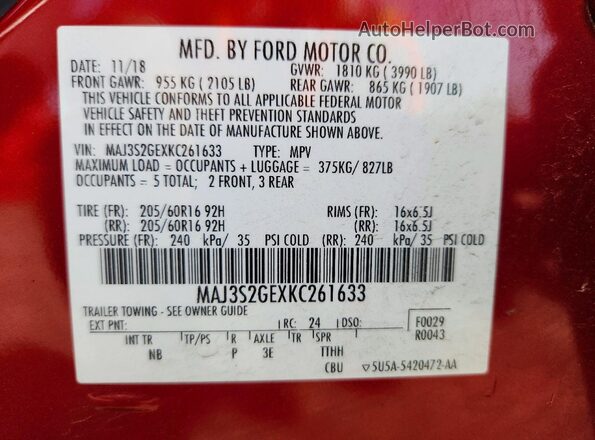 MAJ3S2GEXKC261633 2019 FORD ECOSPORT Red 