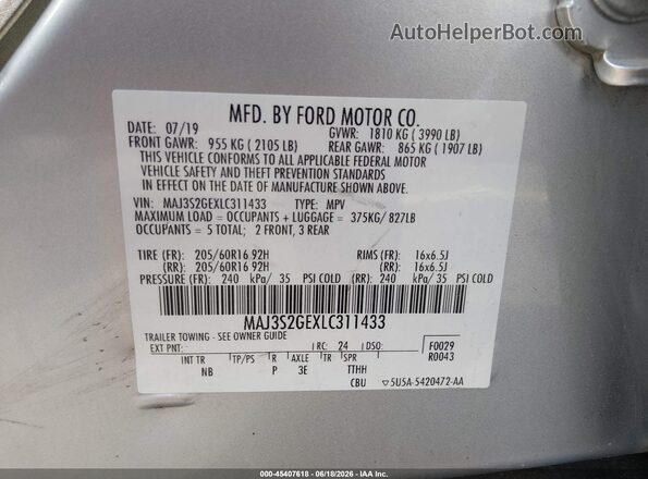 MAJ3S2GEXLC311433 2020 FORD ECOSPORT Silver Engine compartment view
