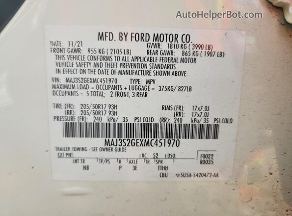 MAJ3S2GEXMC451970 2021 FORD ECOSPORT Белый Вид наклейки с VIN-кодом