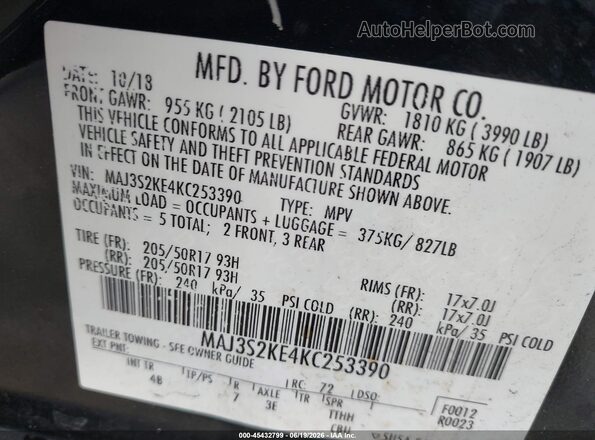MAJ3S2KE4KC253390 2019 FORD ECOSPORT Black Vista del compartimento del motor