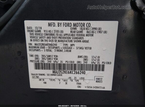 MAJ3S2KE6KC266240 2019 FORD ECOSPORT Серый Вид подкапотного пространства