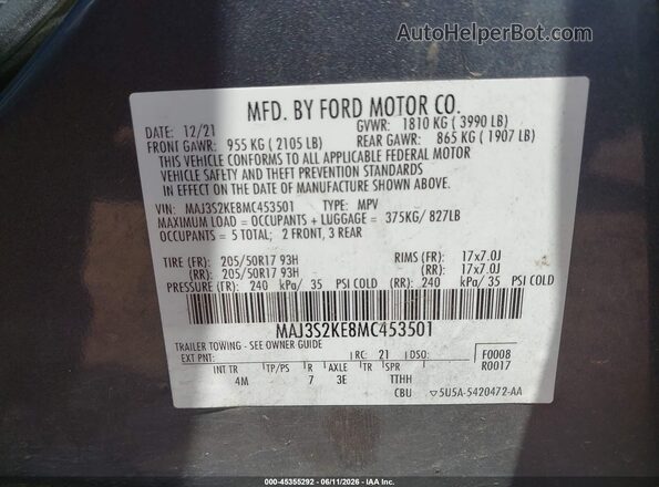 MAJ3S2KE8MC453501 2021 FORD ECOSPORT Серый Вид подкапотного пространства