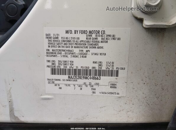 MAJ3S2KE9MC448663 2021 FORD ECOSPORT White Вид підкапотного простору