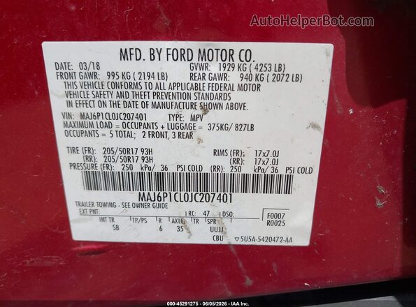 MAJ6P1CL0JC207401 2018 FORD ECOSPORT Red 
