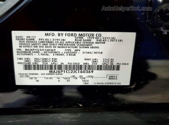 MAJ6P1CL2JC160369 2018 FORD ECOSPORT Black VIN კოდის სტიკერის ხედი