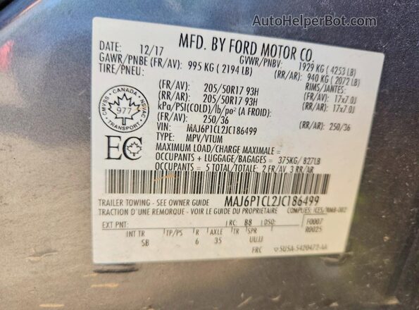 MAJ6P1CL2JC186499 2018 FORD ECOSPORT Gray VIN կոդի պիտակի տեսք