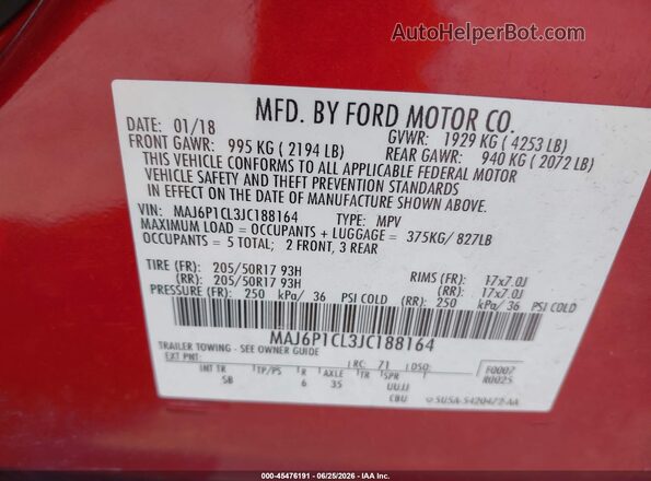 MAJ6P1CL3JC188164 2018 FORD ECOSPORT Red ძრავის განყოფილების ხედი