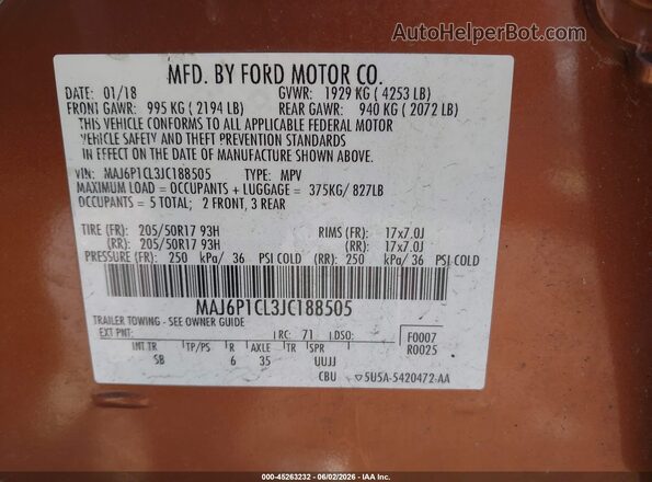 MAJ6P1CL3JC188505 2018 FORD ECOSPORT Orange Շարժիչի բաժամունքի տեսք