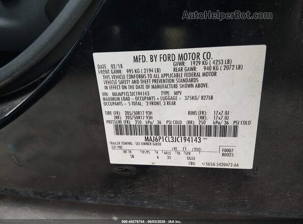 MAJ6P1CL3JC194143 2018 FORD ECOSPORT Black ძრავის განყოფილების ხედი