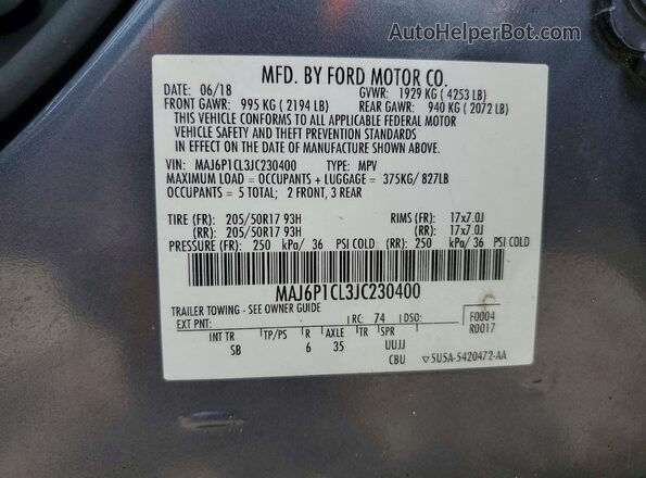 MAJ6P1CL3JC230400 2018 FORD ECOSPORT Gray ძრავის განყოფილების ხედი