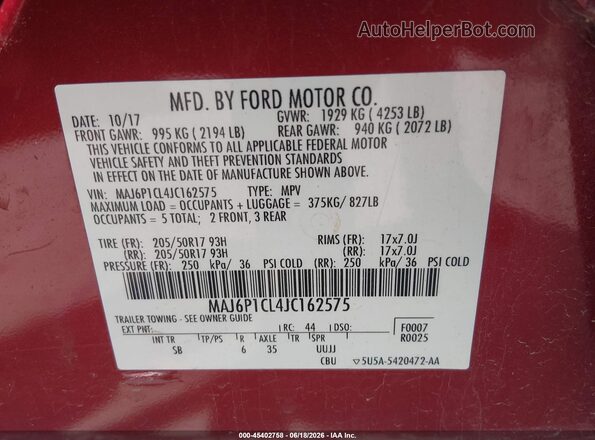 MAJ6P1CL4JC162575 2018 FORD ECOSPORT Red ძრავის განყოფილების ხედი
